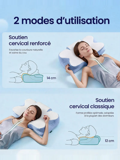 Deux modes d'utilisation : soutien cervical renforcé 14 cm ou classique 12 cm