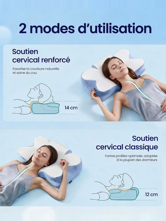 Deux modes d'utilisation : soutien cervical renforcé 14 cm ou classique 12 cm