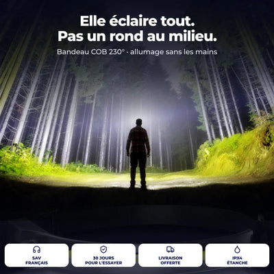 Un marcheur de nuit dans une forêt, le faisceau large de 230° de la lampe frontale éclairant le chemin et les arbres des deux côtés