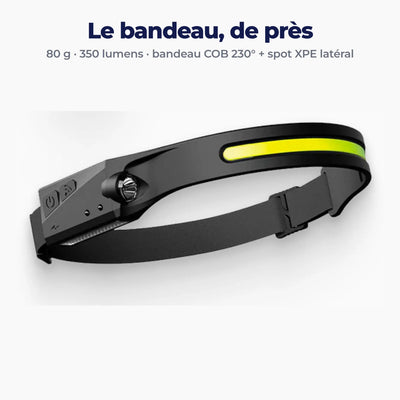 La lampe frontale LED Adventure Light vue de trois quarts : bandeau COB, spot latéral et sangle silicone