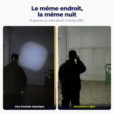 Comparaison de nuit au même endroit : à gauche le cône étroit d'une frontale classique, à droite le faisceau 230°