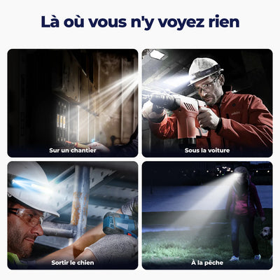 Quatre situations d'usage : chantier, réparation sous une voiture, promenade du chien et pêche de nuit