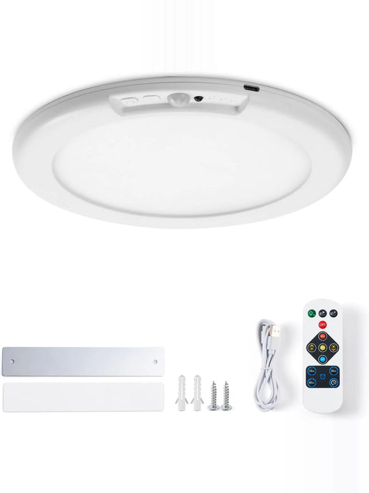 Plafonnier LED rond à détecteur de mouvement vu de dessus, avec sa plaque aimantée, ses vis et sa télécommande