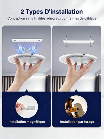 Deux façons de poser le plafonnier : plaque aimantée adhésive sans perçage, ou vis