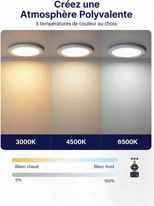 Trois températures de couleur au choix : blanc chaud 3000K, blanc naturel 4500K, blanc froid 6500K, variables de 5 à 100 %
